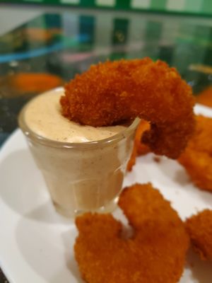 Firecracker Shrimp: vegan Shrimp with a golden crust, served with home made Remoulade Sauce at Bombay Food Junkies in St Louis