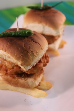 Vada Pav: Spiced Potato patty in a vegan bun with peanut Garlic chutney at Bombay Food Junkies in St Louis