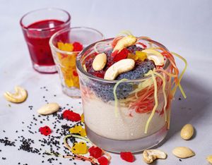 Ice Cream Falooda: vegan Ice Cream with Basil Seeds, Corn Noodles, Rose Syrup, nuts and fruit bits at Bombay Food Junkies in St Louis