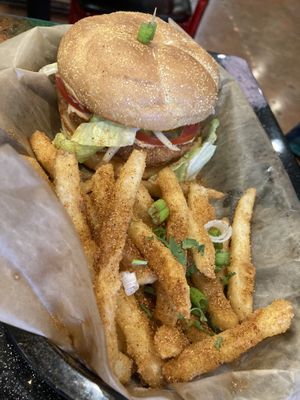 Hubbys chkn sandwich! It is definitely a craving satisfier as a vegan. Very good masala fries too! at Bombay Food Junkies in St Louis
