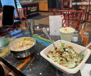 Dahi Papdi Chaat,  Chik’n Tikka Bowl with brown rice / quinoa, Mango milkshake 🧡  at Bombay Food Junkies in St Louis