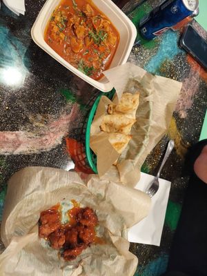 Butter chickn, wings w/ mango habenero sauce, samosas at Bombay Food Junkies in St Louis