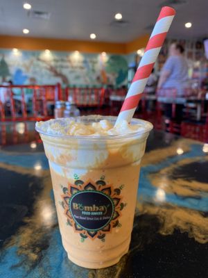 Peach Oatly milkshake with vegan whipped cream  at Bombay Food Junkies in St Louis