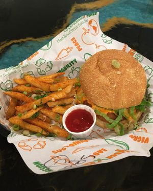 Crispy Chik'n Sandwich with Masala Fries. Seriously the best chik'n sandwich ever. at Bombay Food Junkies in St Louis