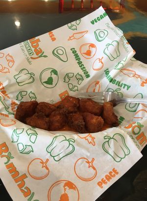 Chik'n Wings with Chili Buffalo Sauce. Excellent. at Bombay Food Junkies in St Louis