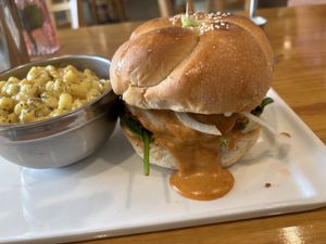 crispy vegan chikn sandwich + mac n cheese! at Bombay Food Junkies in St Louis