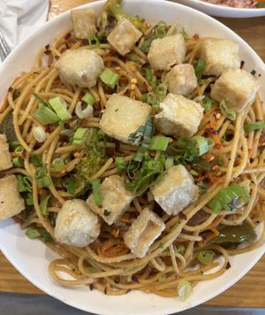 stir-fried hakka noodles + crispy tofu  at Bombay Food Junkies in St Louis