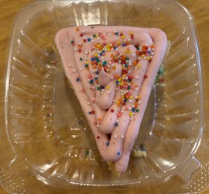 gluten free birthday cake with strawberry frosting!  at Bombay Food Junkies in St Louis