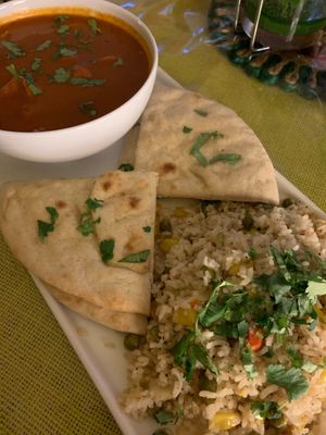 Vegan buttered chicken plate with cilantro rice at Bombay Food Junkies in St Louis