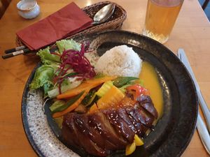 Vegan duck on rice mango and vegetables at Dream Vegan in Berlin