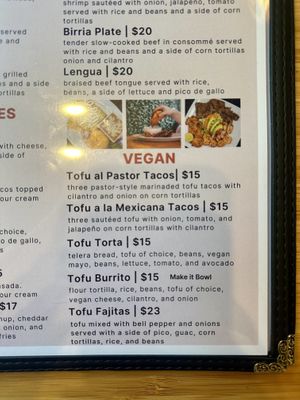 Vegan section of menu  at El Cantarito in Portland
