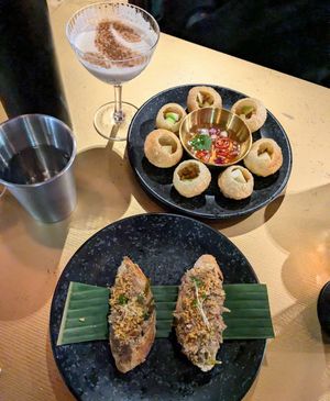 Jackfruit bruschetta with Thai herbs, Yum Tofu Bombs at First Draft Bar & Kitchen  in Norwich