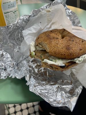 Cinnamon raisin bagel with scallion tofu cream cheesee  at Bagel Street in New York City