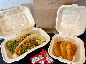 soyrizo brunch tacos + adobo hashbrowns (takeout) at Marination - Columbia City  in Seattle