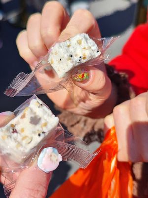 Vegan snack you can buy from the shop - small cake with nuts and seeds inside at Longhua Temple in Shanghai