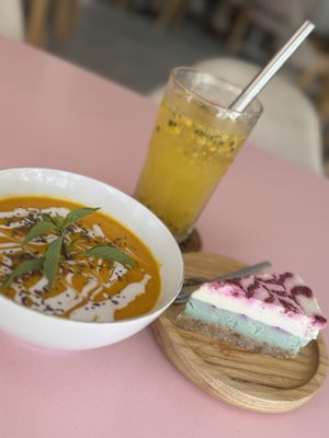 Pumpkin soup and lime Cheesecake 🫶🏼  at KURUMI - Healthy Vegan Food & Desserts in Hoi An