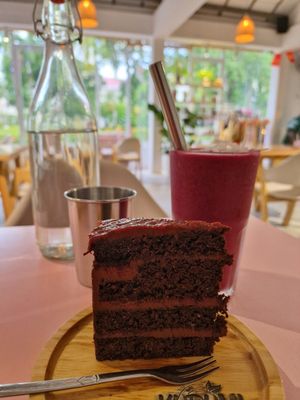 Chocolate raspberry cake & purple smoothie at KURUMI - Healthy Vegan Food & Desserts in Hoi An