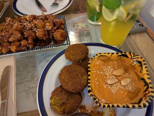 Muhamara, buffalo cauliflower, falafel and passion fruit lemonade at El Kasbah in 