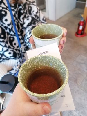 Free tea while waiting at Onigiri Gorichan in Osaka