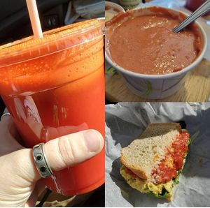 Fresh sweet beet cider, cheesy tomatoe soup and no egg salad sandwich  #Veganuary at The Sweet Beet in Granby