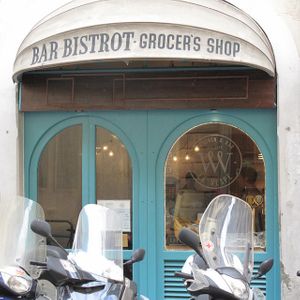 the Cafe's blue front door at Le Vespe Cafè in Florence