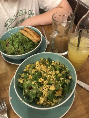 grilled tempeh brunch salad, and tofu scramble brunch salad with oat milk latte and peach mimosa  at Le Vespe Cafè in Florence