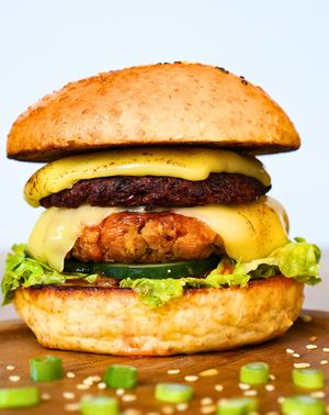 This is a serious veggie burger, our patty is made with tempe, mushrooms, red beans, red rice and beets.  at Fairy Kale Vegetarian in Yogyakarta