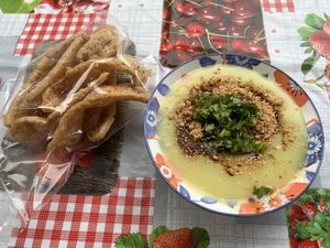 Soy crisps & yellow spilt pea porridge Burmese style -so good  at Sarima Yellow Bean Noodle ซารีมะห์ ร้านข้าวฟืนถั่วเชียงใหม่ in Chiang Mai