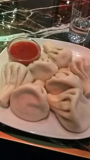 Khinkali with mushrooms and one sauce (the other isn't vegan), 219 sek at Tbilisis Hörna in Johanneshov