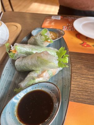 Rice paper rolls with dipping sauces  at Pho Ha Noi in Abu Dhabi