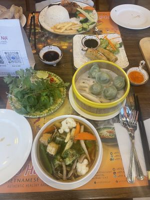 Vegan dumplings, pho and spring rolls  at Pho Ha Noi in Abu Dhabi