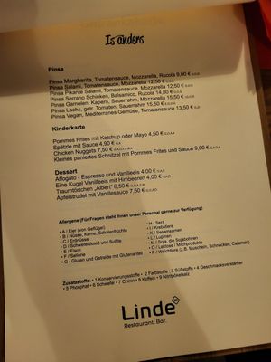 Menu at Linde in Buehl