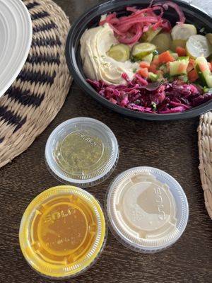 Different sauces  at Falafayette in Lafayette