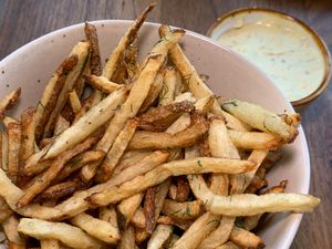 Sour Beer Fries: Shoestring Kennebec Potatoes, Fresh Herbs, Sour Beer Vinegar, Danish-Style Remoulade at The Sovengard in Grand Rapids