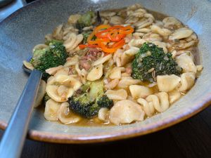 Orecchiette Pasta: Locally-Made "Little Ears" Pasta, Nutcase Vegan Sausage, Marinated Broccoli, Wilted Arugula, Pickled Cherry Bomb Peppers (Grand Rapids Vegan Chef Challenge 9/25) at The Sovengard in Grand Rapids