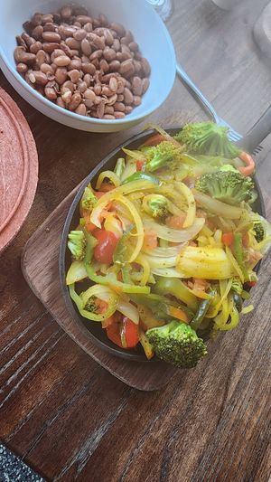 Vegan fajitas and whole beans at El Arroyo  in Murphys