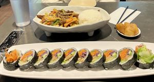 Vegan kimbap in front, and vegan bulgogi in back. So delicious!!  at Chibop in Burnaby