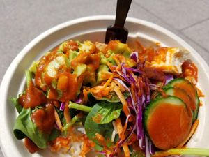Tofu Power Bowl with sriracha added at YeSake Kiosk in Lake Buena Vista