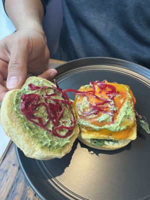 The Fully Loaded Sammy (under the bun)  at AM Cafe in Vancouver