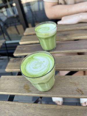 Unsweetened almond matcha latte   at AM Cafe in Vancouver