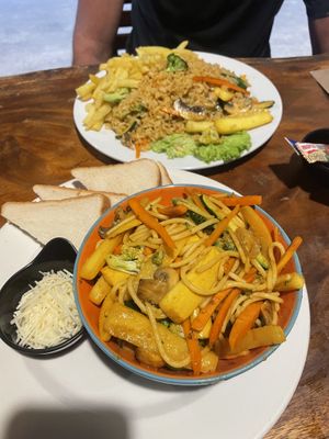 Pasta with vegetables, served with what I think might have been oyster sauce and a side of cheese😡 at Arca Tayrona in Santa Marta