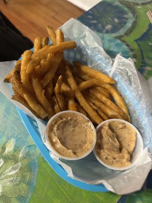 Fries with vegan dirty sauce   at Ike's in New Orleans