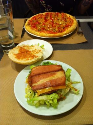 Pizza with soja, tofu and pepper, and "Yankee" burger. at Sol Veggie in Logrono