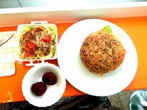 Vegan Burger, falafel and raw spagetis! at Green Break Vegan Restaurant in San Sebastian