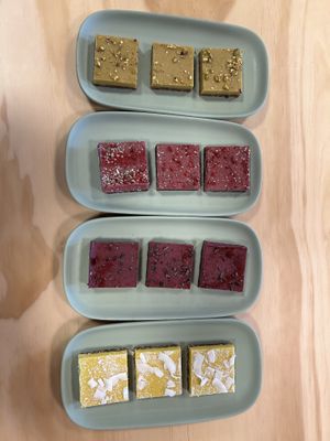 Slice from the top, Ginger & Pistachio, Raspberry & Hemp, Plum, Lemon Delicious all Gluten Free.  at The Plant Based Pantry Limited in Ashburton