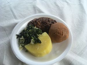 Callaloo (spinach), fried dumpling, mock meat (most likely soya chunks) stew & yam  at Mis Dixon in Port Antonio