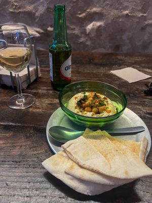 Hummus, beer and Lebanese wine  at Beirutina in Sevilla