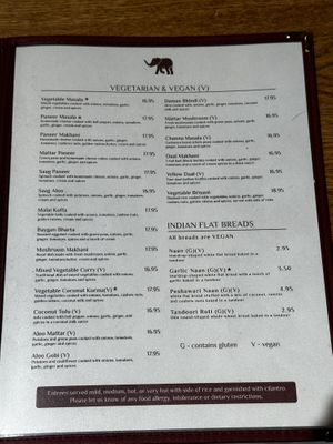 Main vegetarian/vegan menu  at Red Fort Cuisine of India in La Verkin