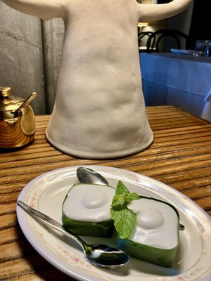 Coconut mousse and waterchestnut jelly in pandan leaf  at Lady Chu in Potts Point