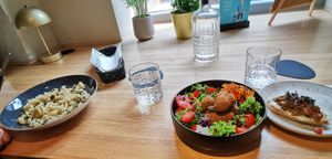 Mushroom pasta and bowl and bruschetta at Vegan Brunch in Riga